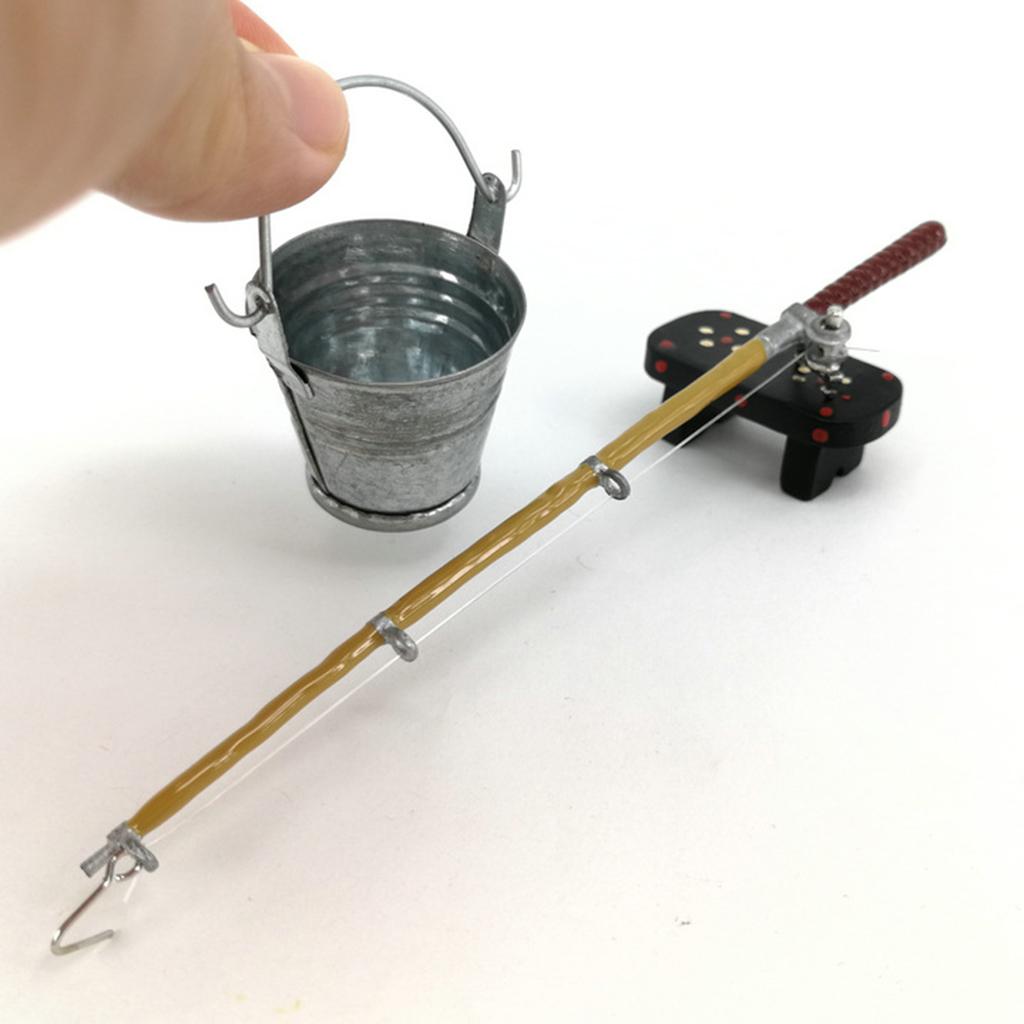 1:12 Scale Doll House Miniature Bucket + Fishing Rod + Bench Set