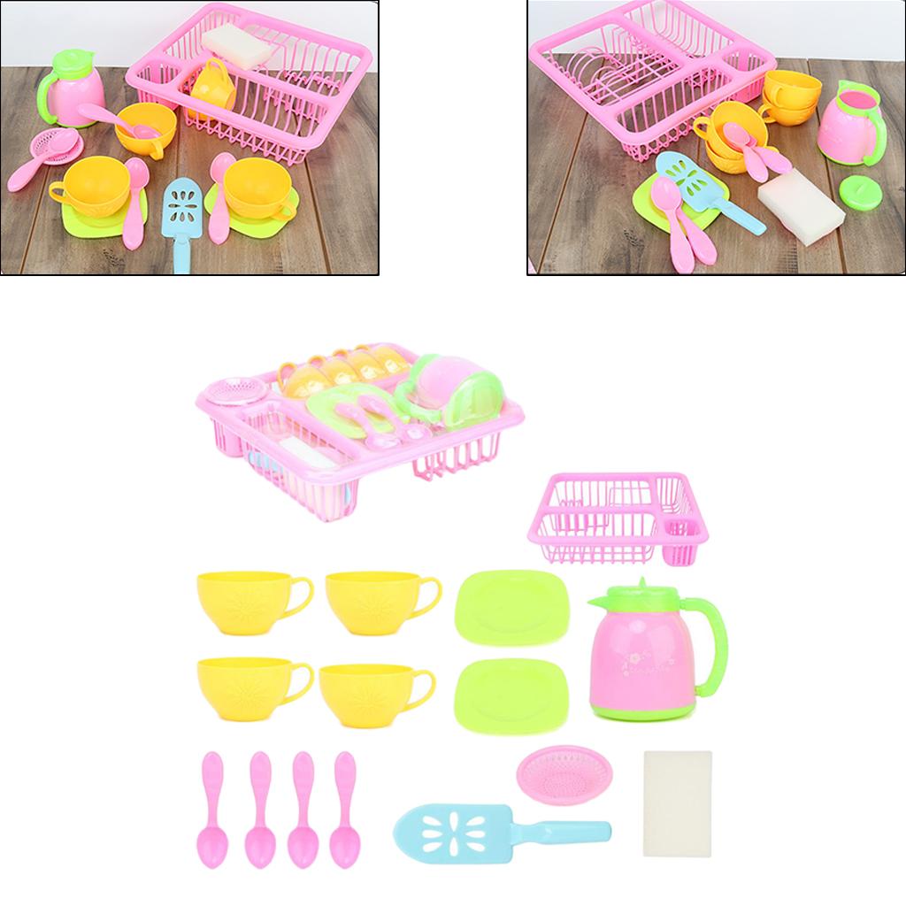 Childrens Durable Kitchen Toys Tableware Dishes Play Set with Drain Basket 15pcs