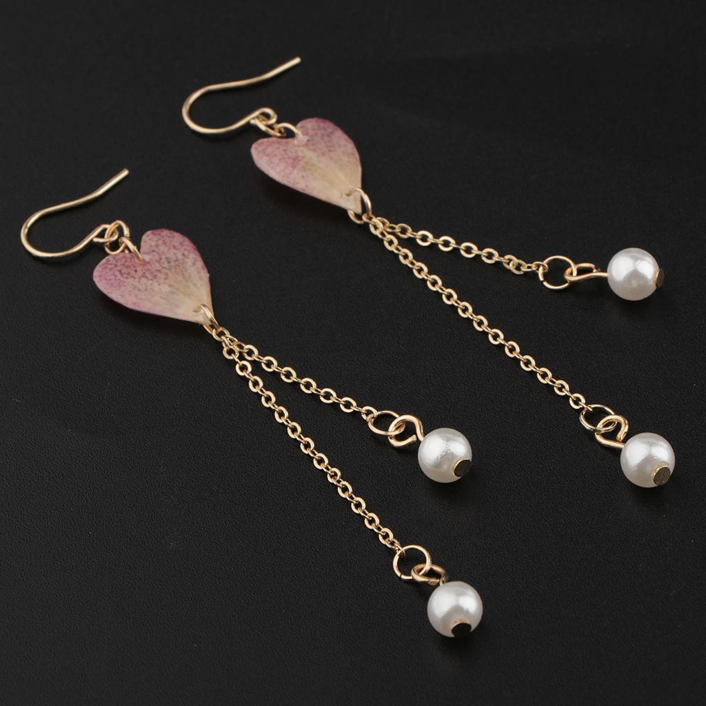 2pcs Women Fashion Dried Flower Dangle Earrings Pearl Beaded Earbob Pink