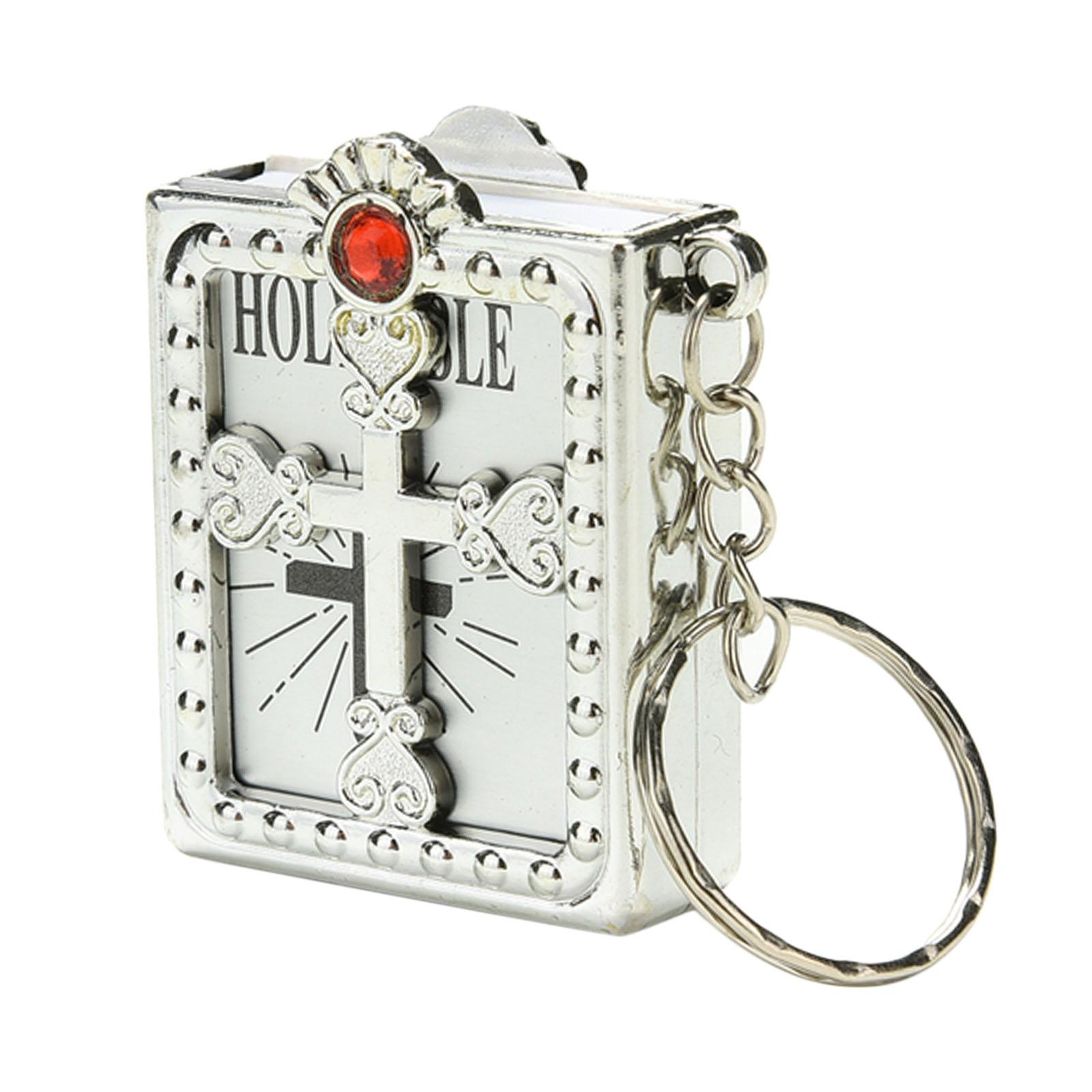 10x Mini Holy Bible Miniature Pendant Charm Keyring Paper Key Chain Silver