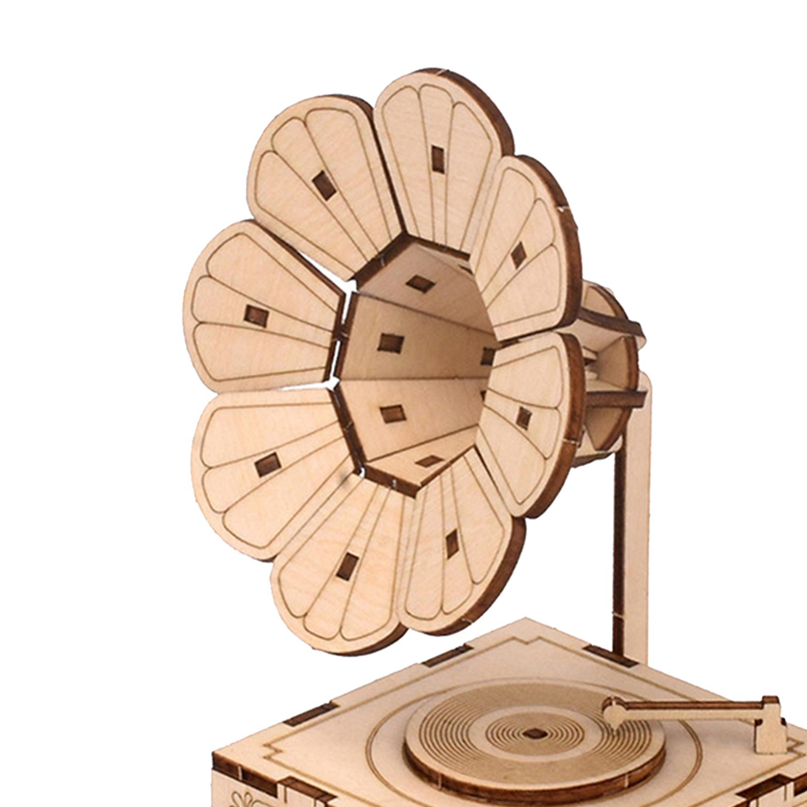 3D Wooden Puzzle Assembling Phonograph Model Music Box for Birthday Gift