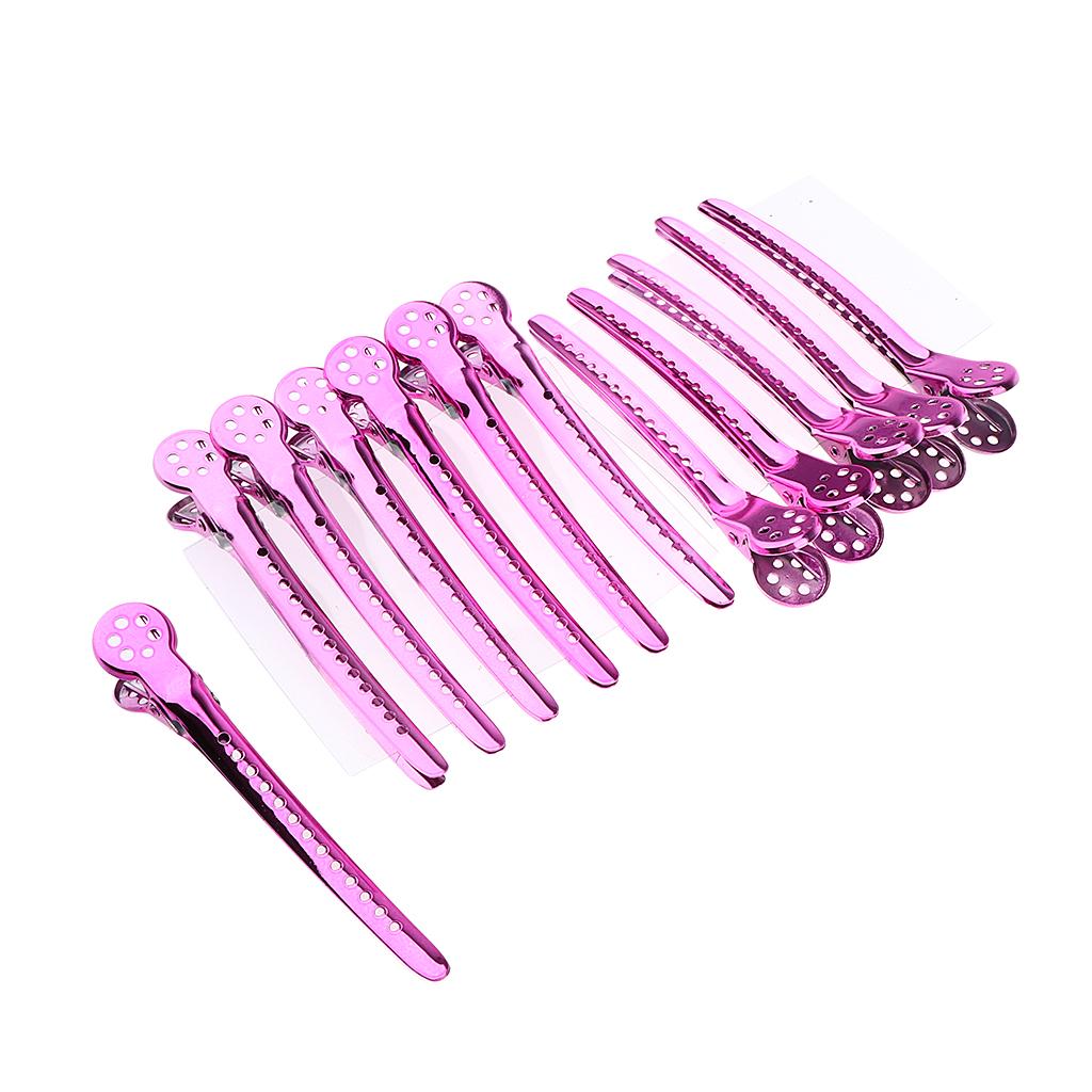 12Pcs Stainless Duck Sectioning Clips Barber Haircut Styling Clamps Pink