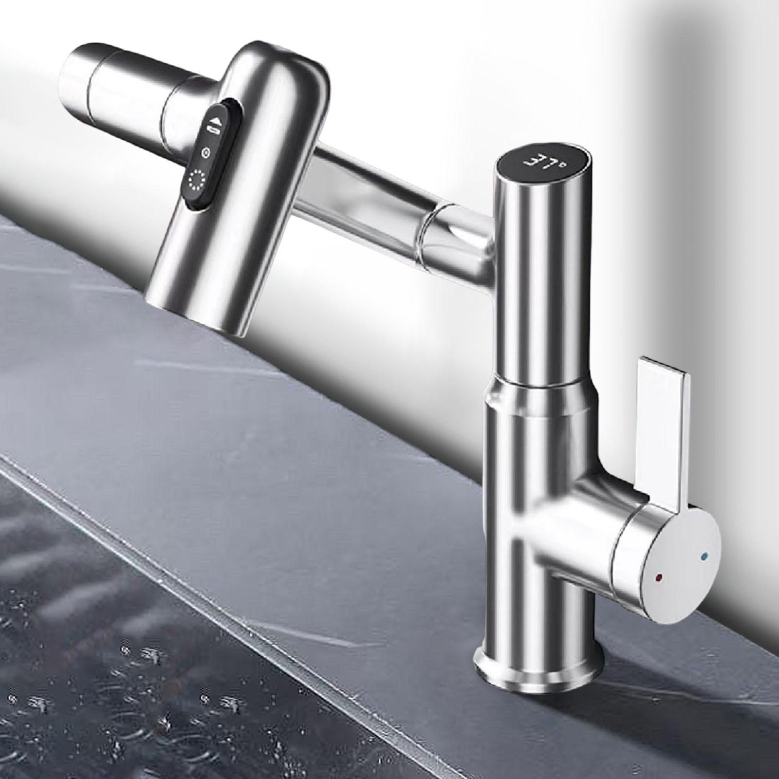 Rotatable Bathroom Faucet with Temperature Display Kitchen Sink 360 Rotating silvery