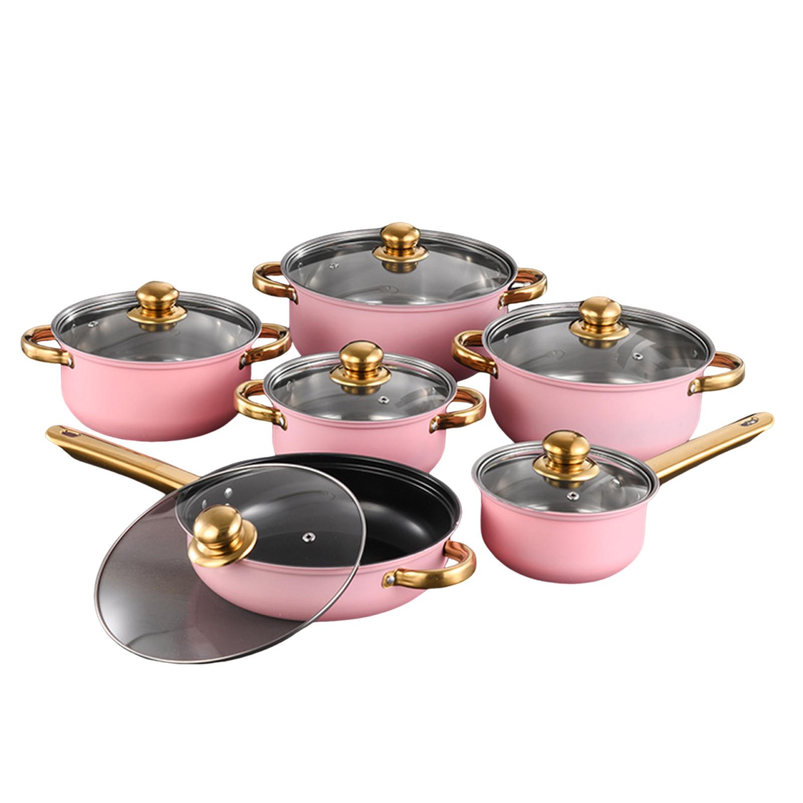 6Pcs Stainless Steel Cookware Set with Glass Lids for Professional Stovetops Pink