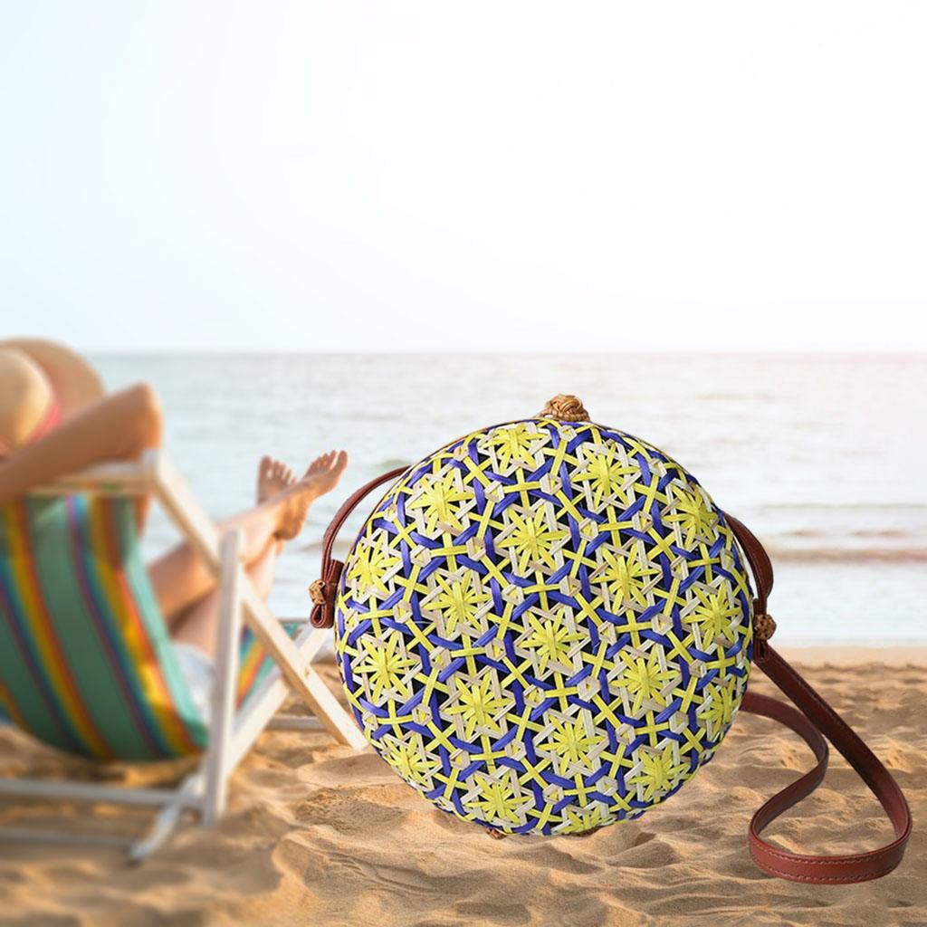 Crossbody Women Lady Round Bamboo Summer Woven Beach Shoulder Bag Yellow