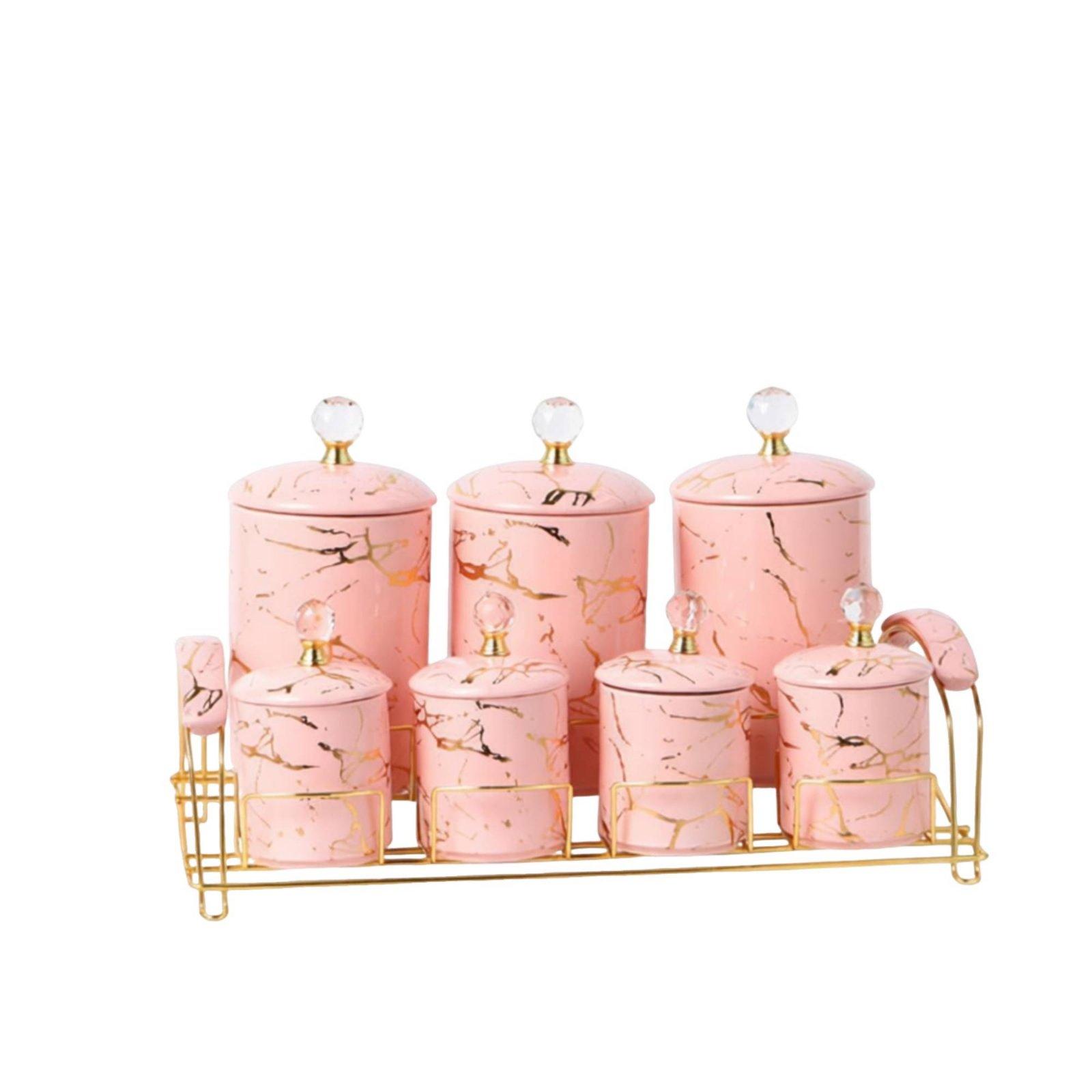 7 Pieces Kitchen Canister Set Large Capacity Ceramic Storage Jar Set Decorative Sealed Storage Canisters Pink