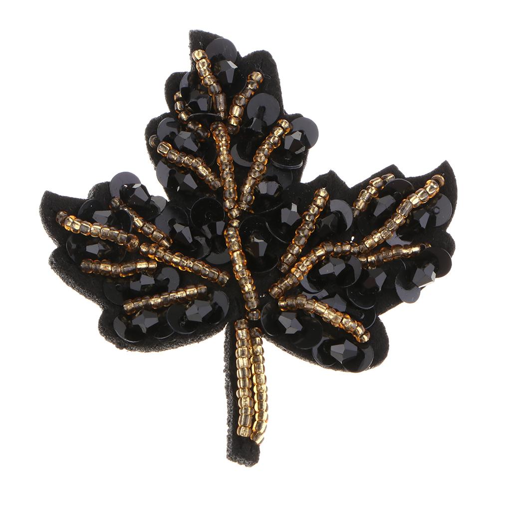 Beaded Sequin Maple Leaves Patches Applique for Bags Clothes Black + Yellow