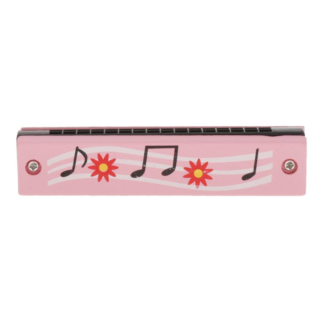 Wooden Harmonica 16 Holes for Kids Children Musical Toys Pink