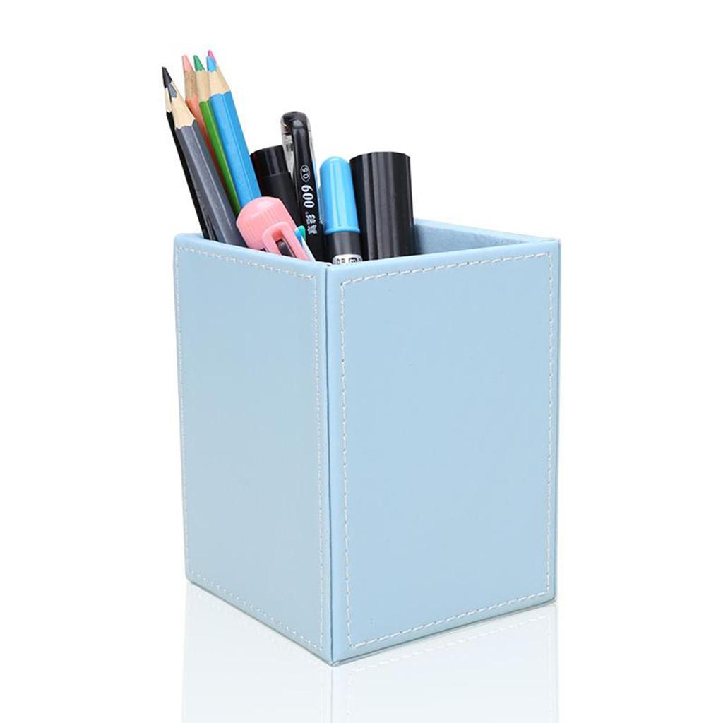 Office PU Leather Pen Pencils Holder Desk Stationery Organizer Box Blue