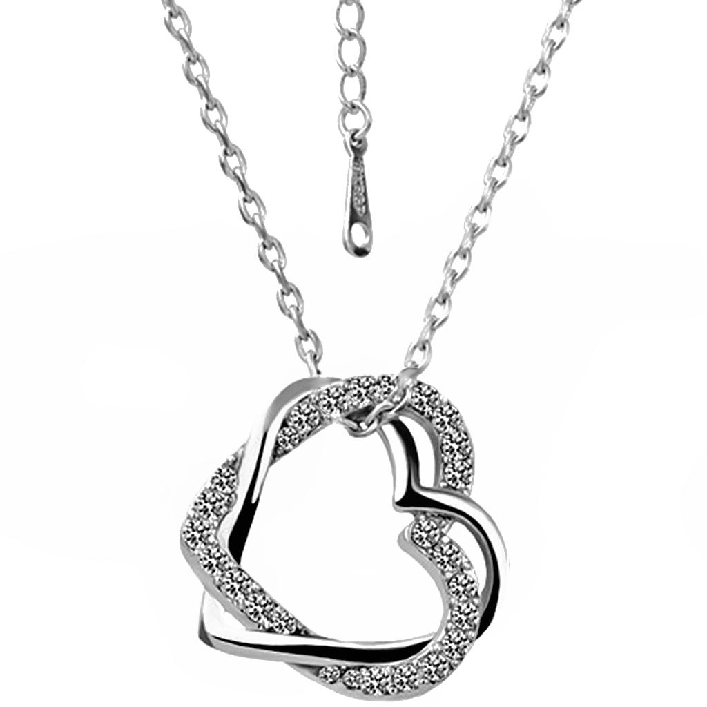 Elegant 18KGP Crystal Double Hearts Pendant Necklace Chain Silver