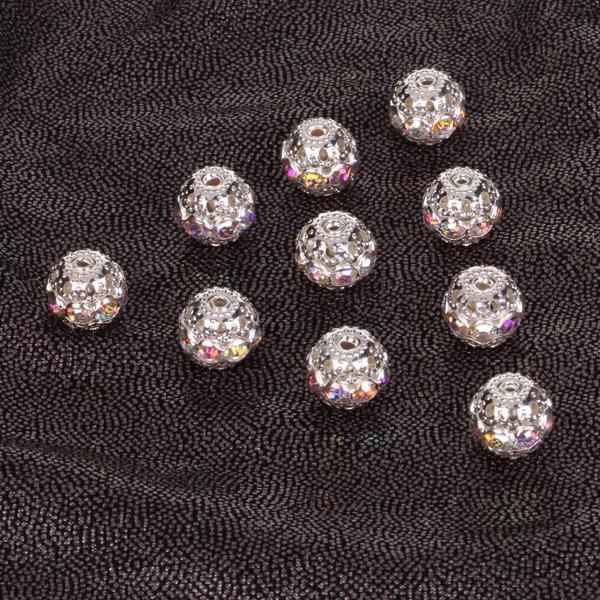 10pcs Silver Plated Hollowed Ball Rhinestone Spacer Bead 10mm