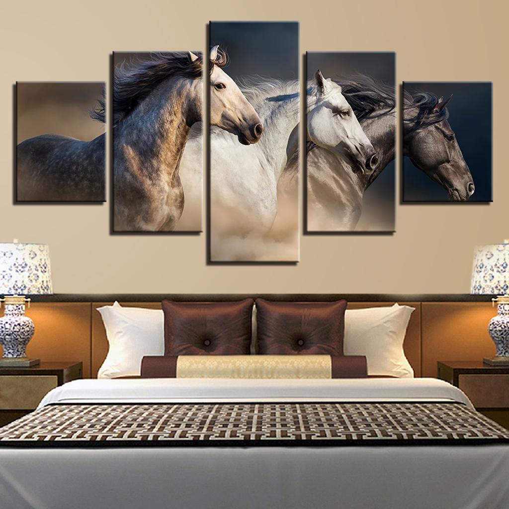 Modern 5 Panels Paintings on Canvas Wall Art Landscape Brown Horse