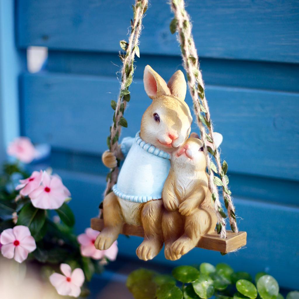 Swing Rabbit Statue Cute Resin Animal Sculpture Patio Yard Decoration Blue