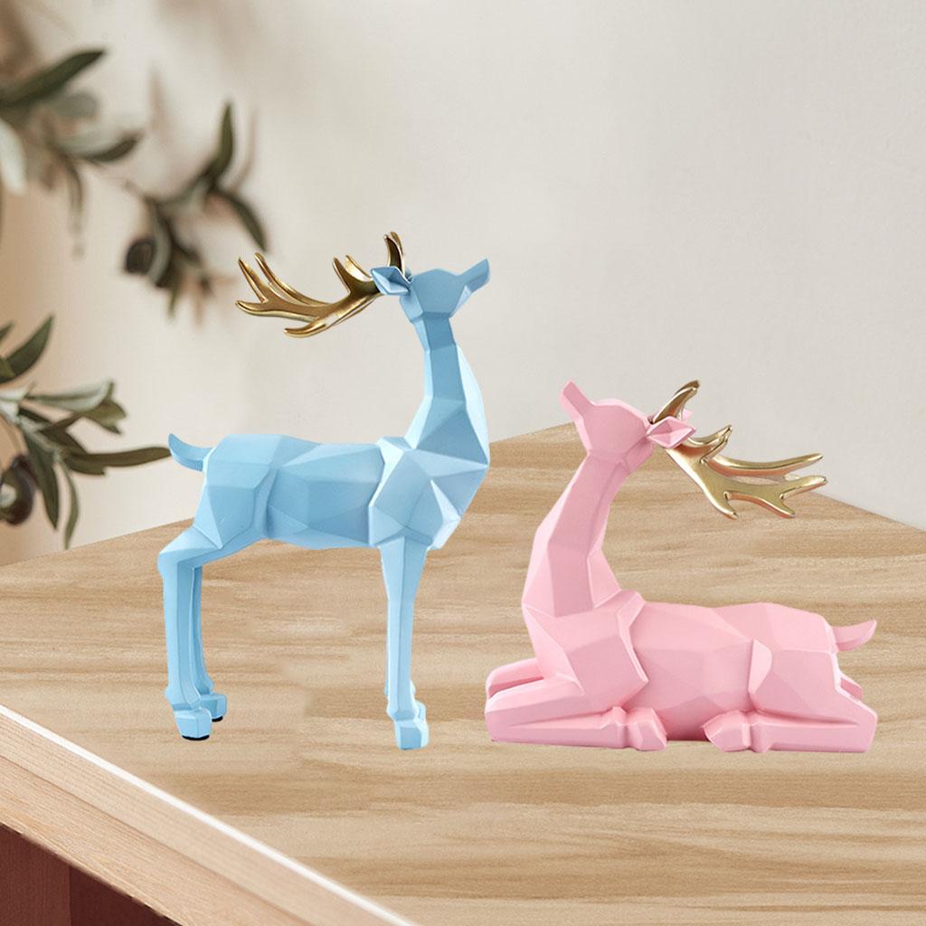 2Pcs Deer Statue Sculpture Living Room Tabletop Bookshelf Couple Figurine
