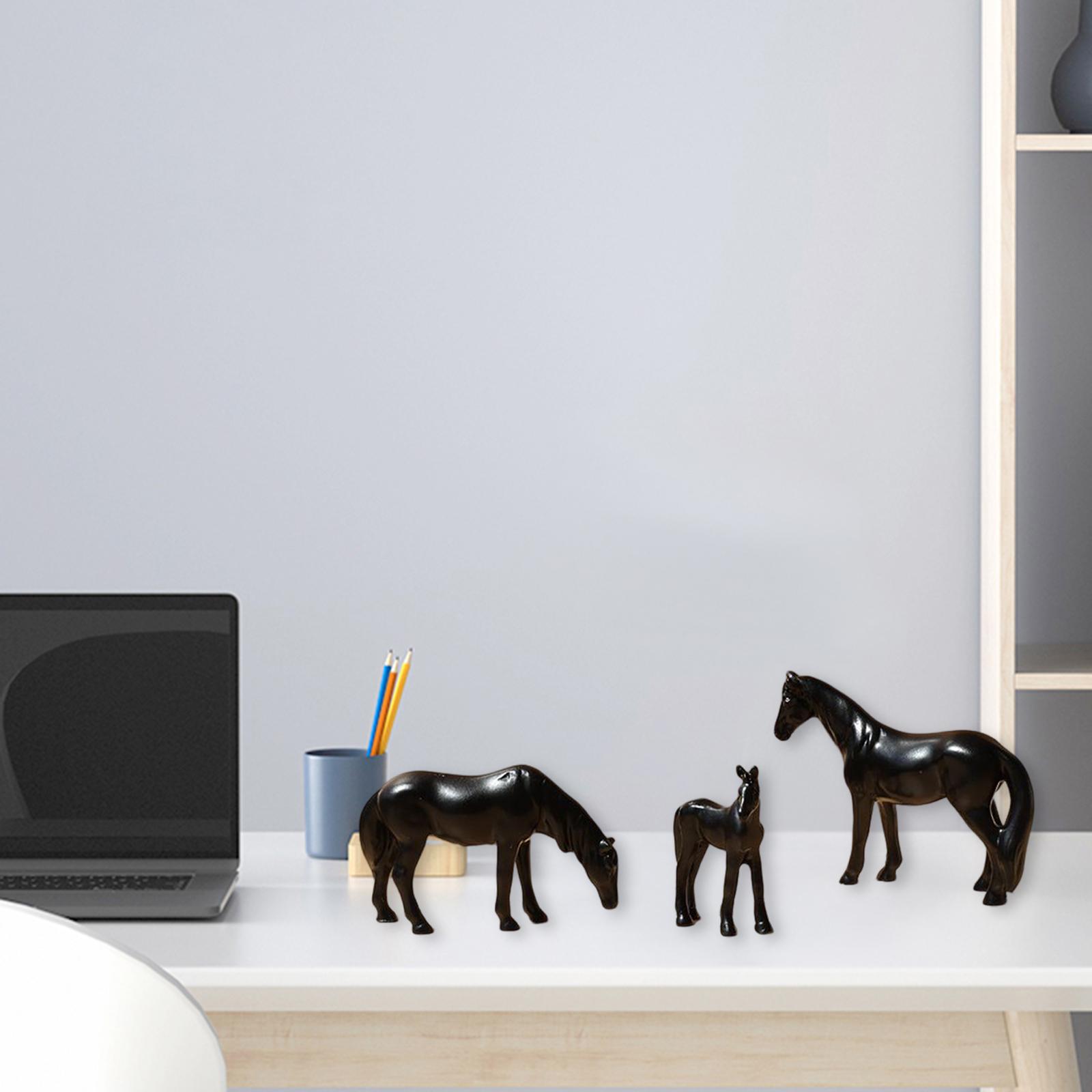 3Pcs Resin Small Horse Miniatures Figurines Micro Animal Statues for Desktop Black