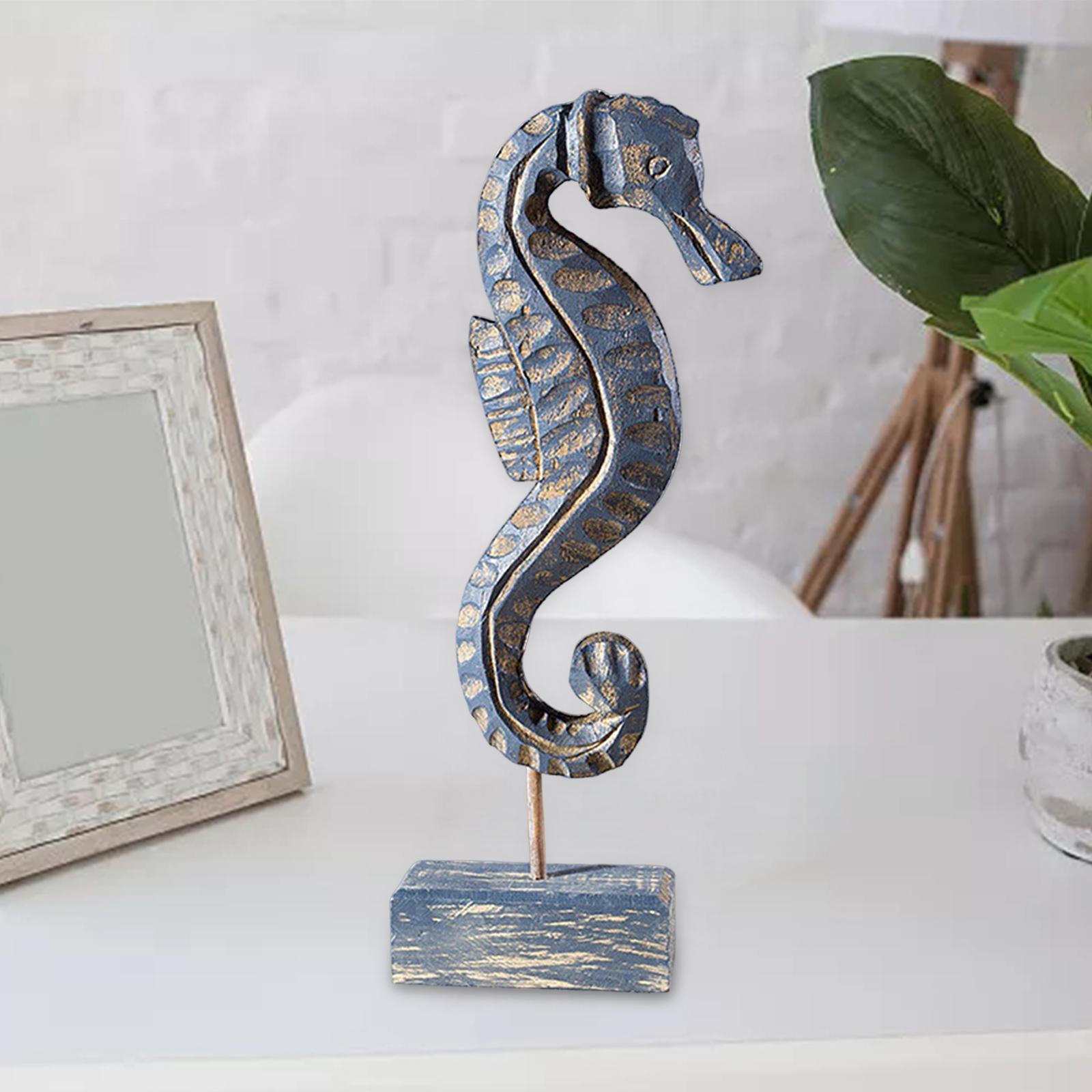 Wood Table Sculpture Statue Nautical Style Figurine for Indoor Restaurant Seahorse 11x33.5cm