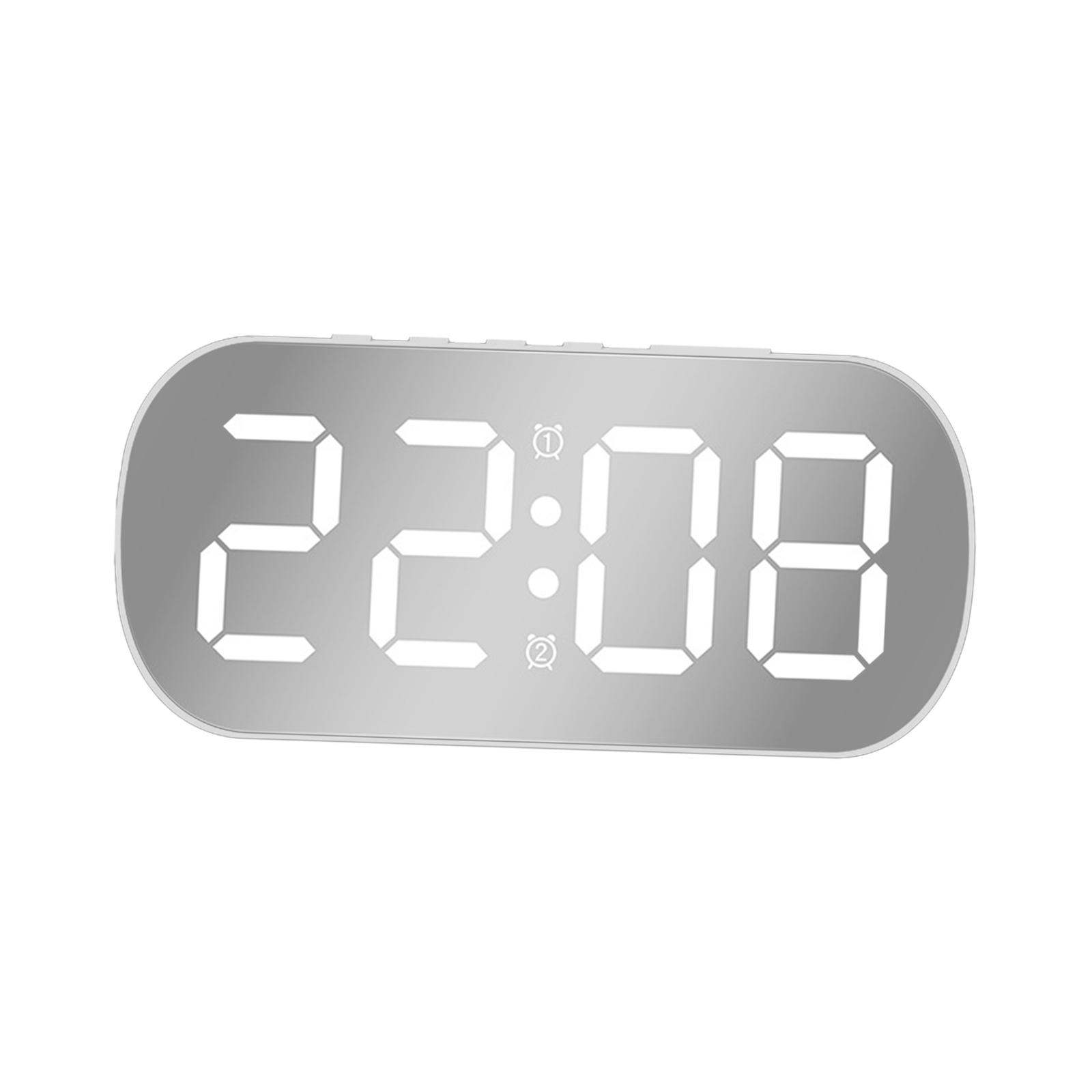 Digital Alarm Clock Mirrored Large Display 5 Adjustable Brightness LED Clock White White LED