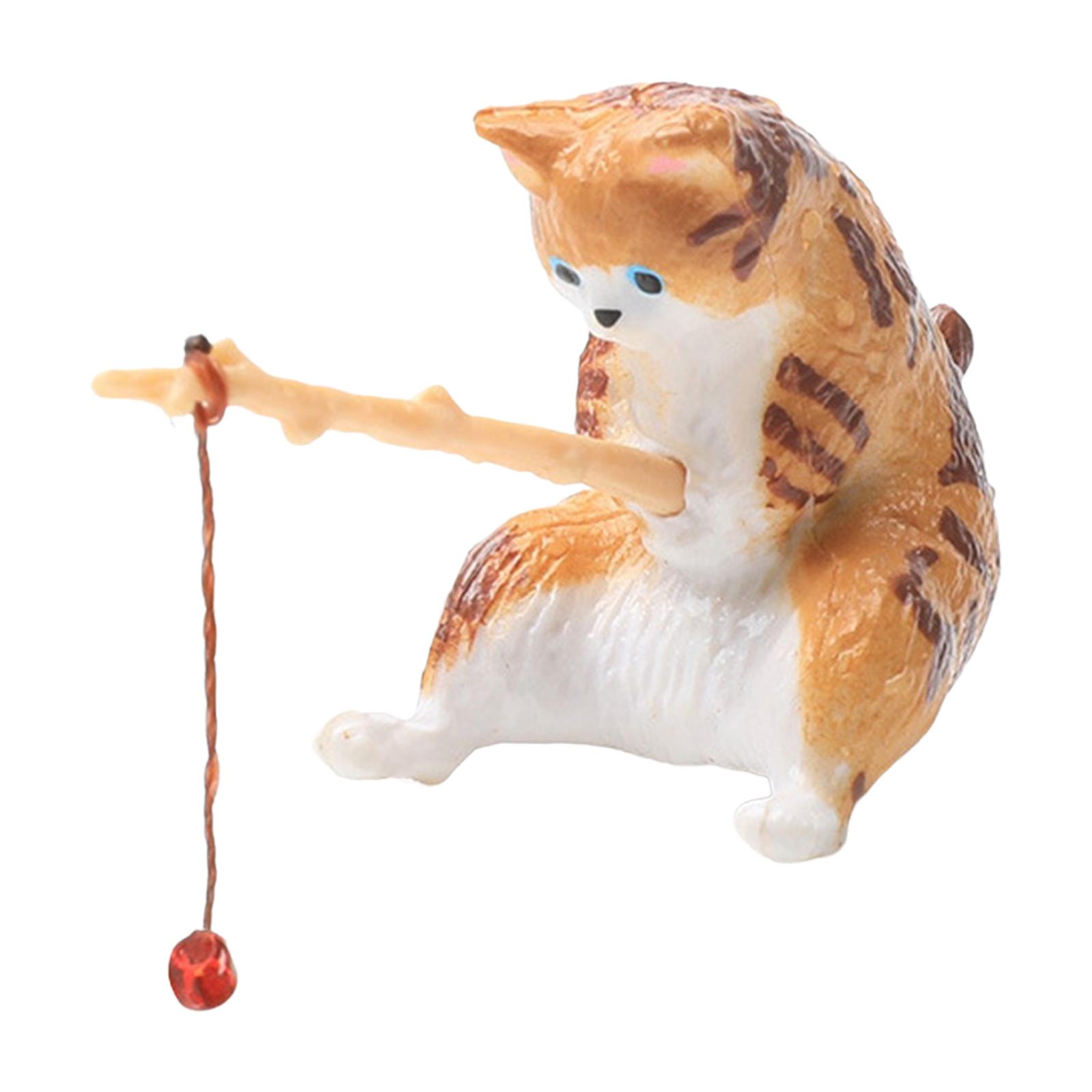 Cat Fishing Figurine Decorative Kitten Fishing Ornament for Garden Leopard Orange