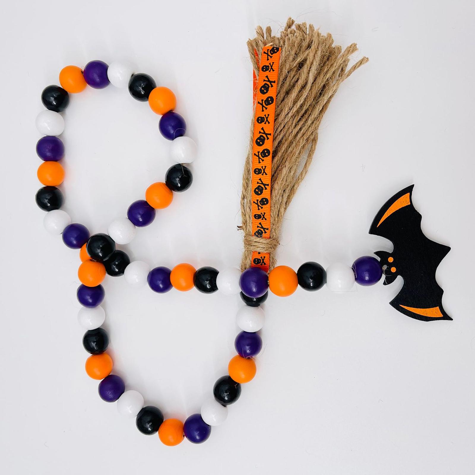 Halloween Wood Bead Garland with Tassels Art for Home Bedroom Party Supplies Black Pendant