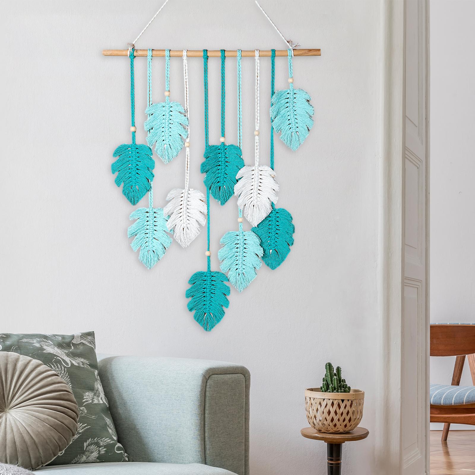 Leaves Macrame Wall Hanging Boho Leaf Tassels for Home Apartment Living Room Blue