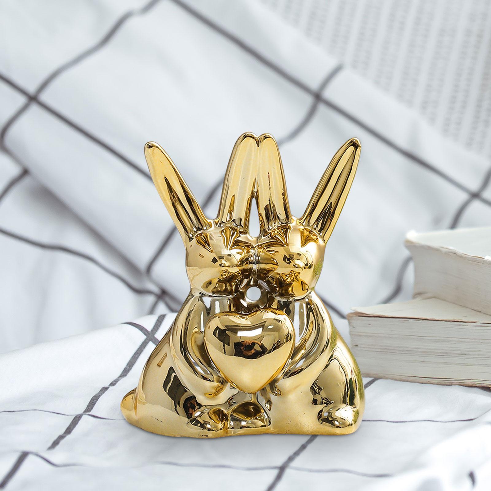 Rabbit Couple Statue Ceramic Animal Sculpture Party Gift Home Bunny Figurine Golden