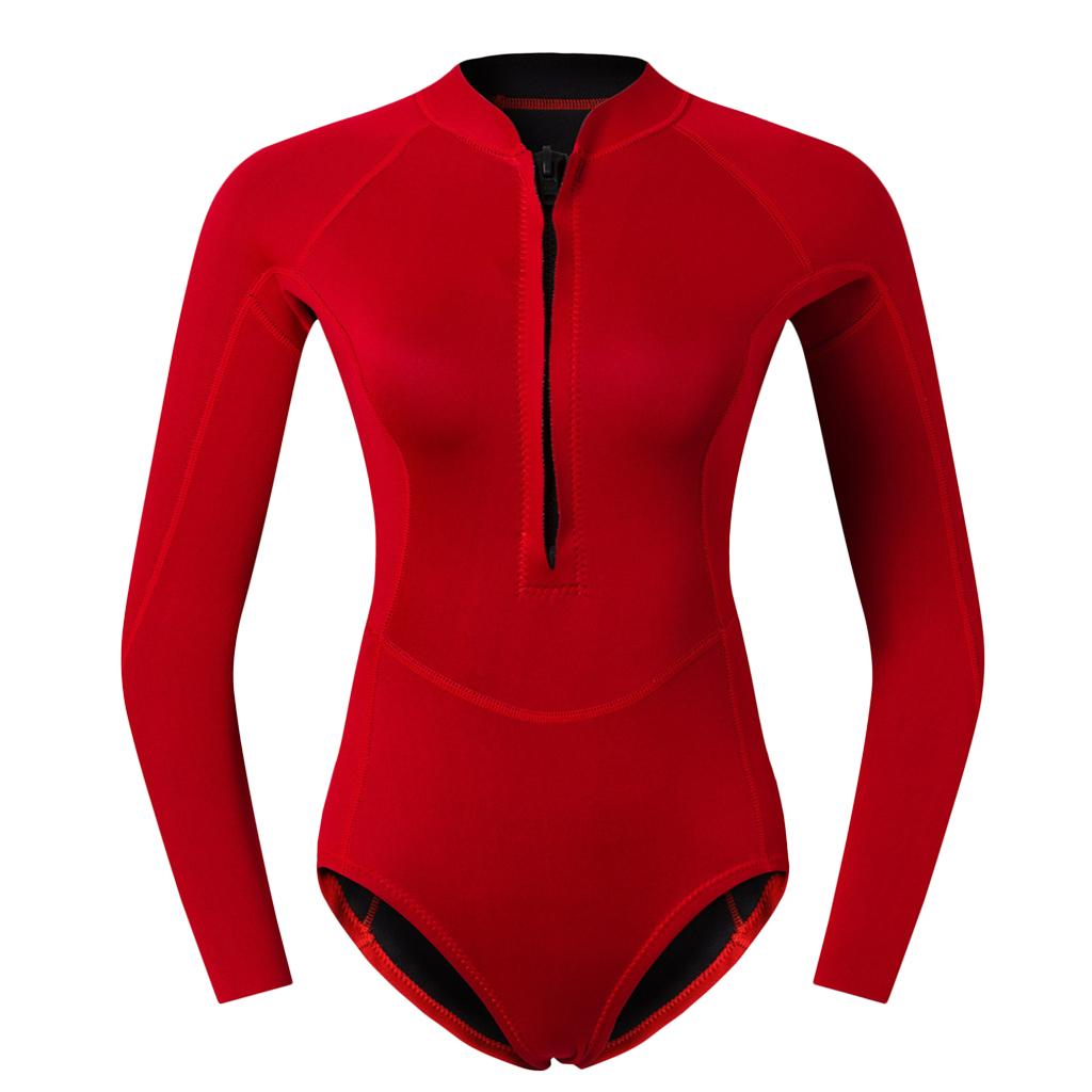 Women Neoprene Sleeve Wetsuit Front Zip Diving Bikini Suit Red     XS