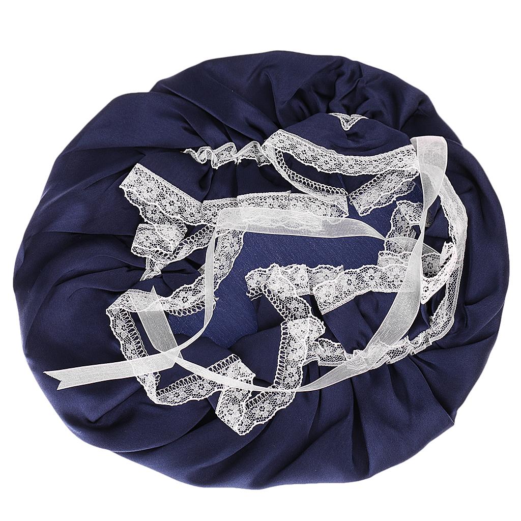 Navy Pure Silk Adjustable Sleeping Hat Night Cap with White Lace