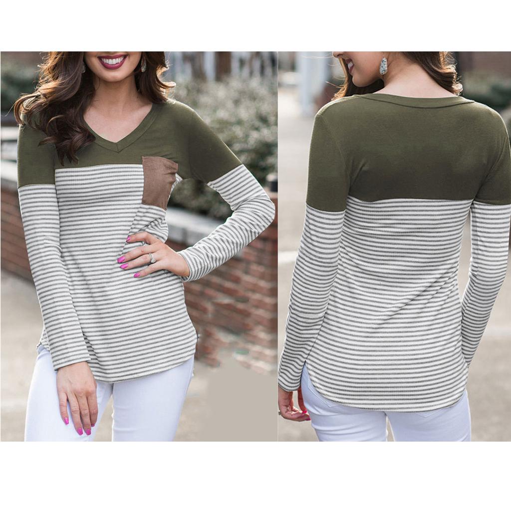 Women Striped Suede Pocket Spliced Long Sleeve Slim T-shirt L Green