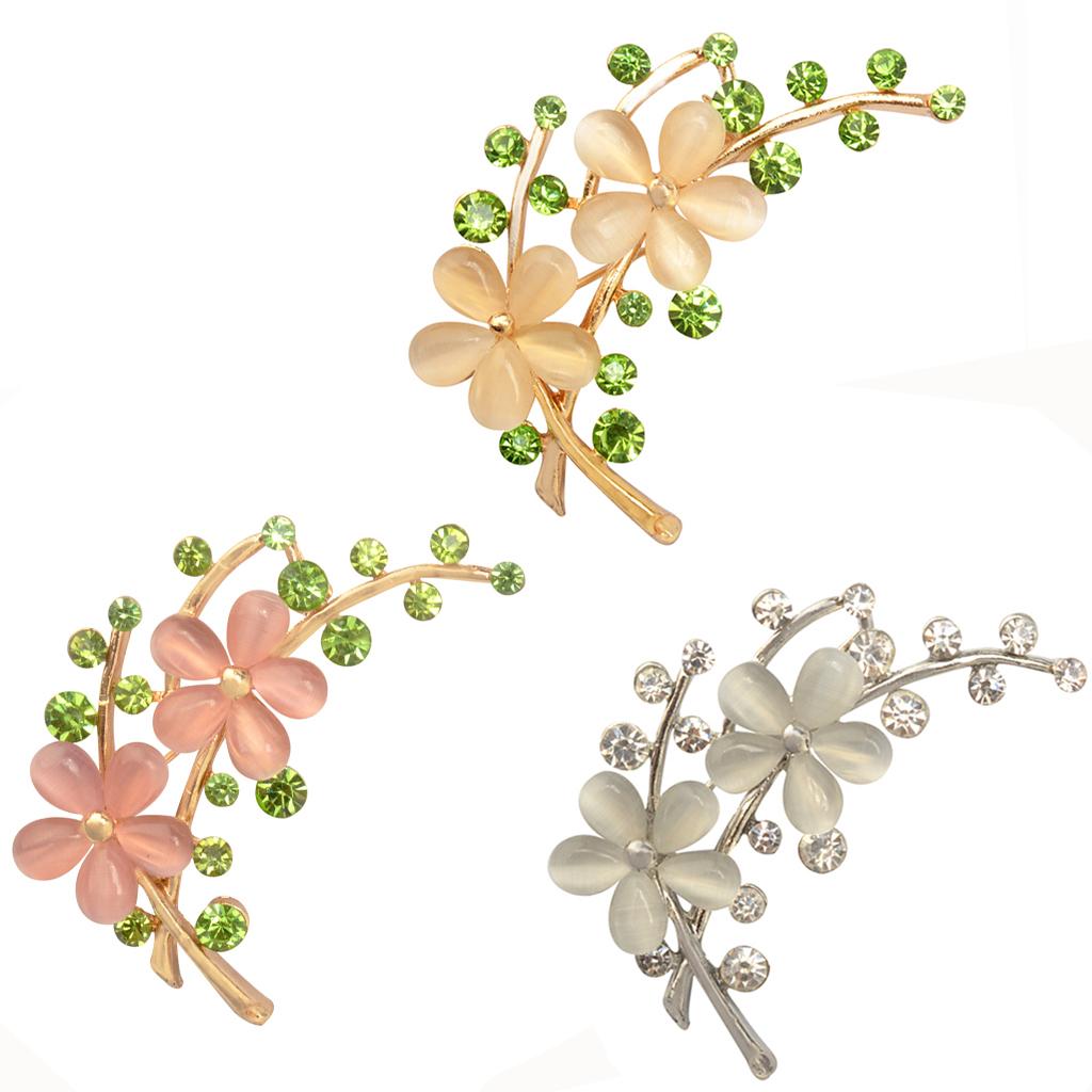 2xElegant Rhinestone Flower Opal Brooch Pin for Wedding Bridal Bouquet Gold