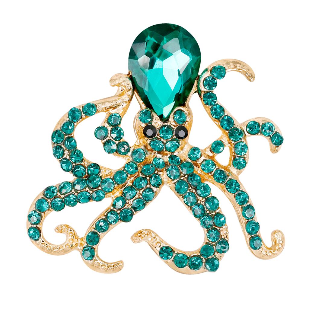 Women Animals Octopus Crystal Pin Brooch Alloy with Rhinestone Green