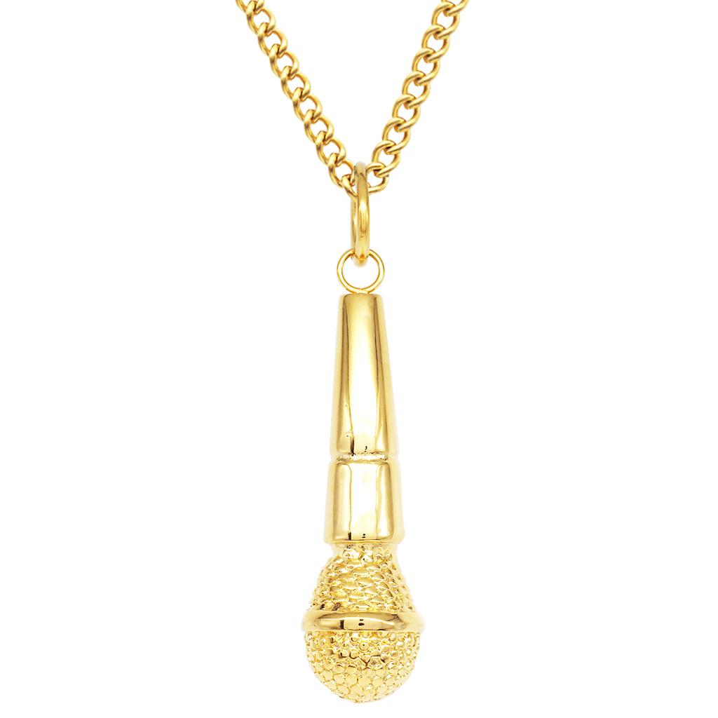 Fashion Hip Hop Men Stainless Steel Microphone Pendant Necklace Chain Gold