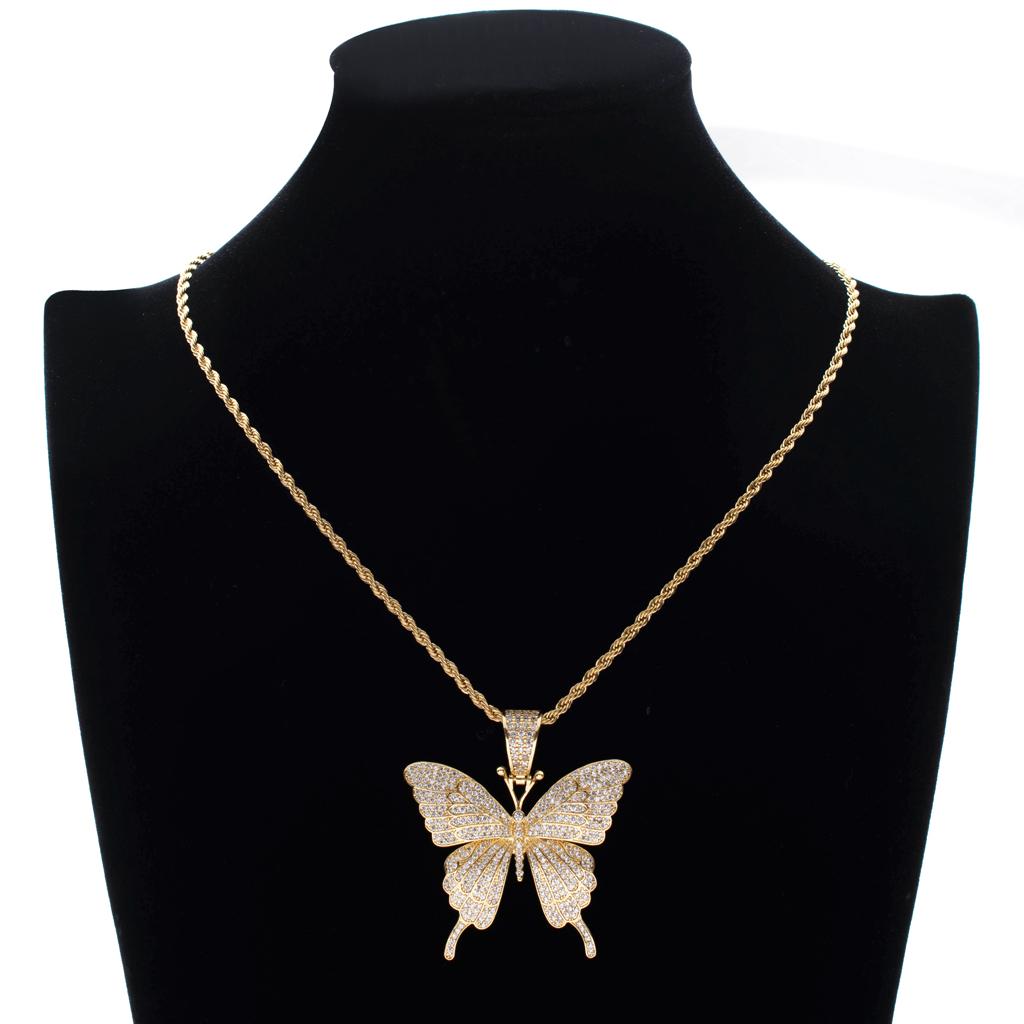 Fashion Jewelry Zircon Butterfly Pendants Hip Hop Necklace Chain Golden