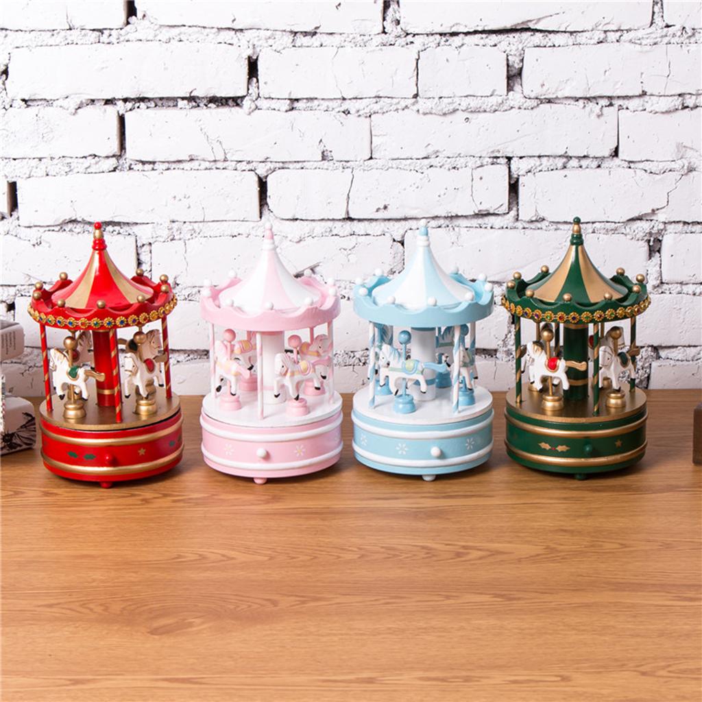 Vintage Wooden Carousel Musical Box Wind Up Toy Kids Christmas Gift