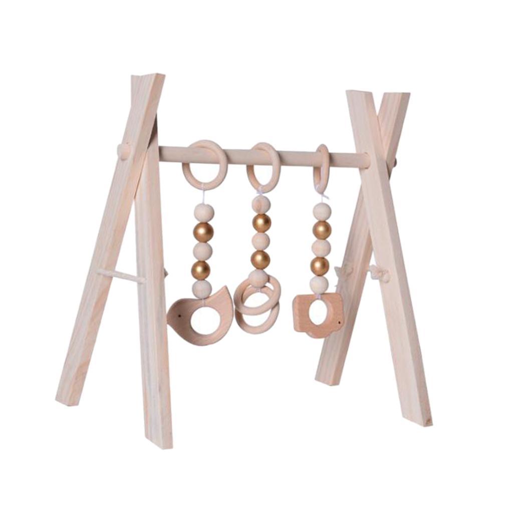 Wooden Activity Center Gym with 3 Baby Gym Toys Set Handmade Foldable 