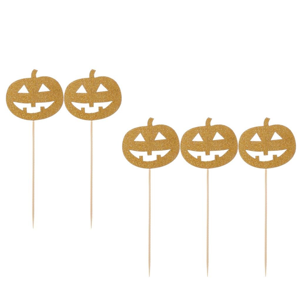 5pcs Glitter Halloween Pumpkin Cupcake Picks Hallowmas Party Decoration 