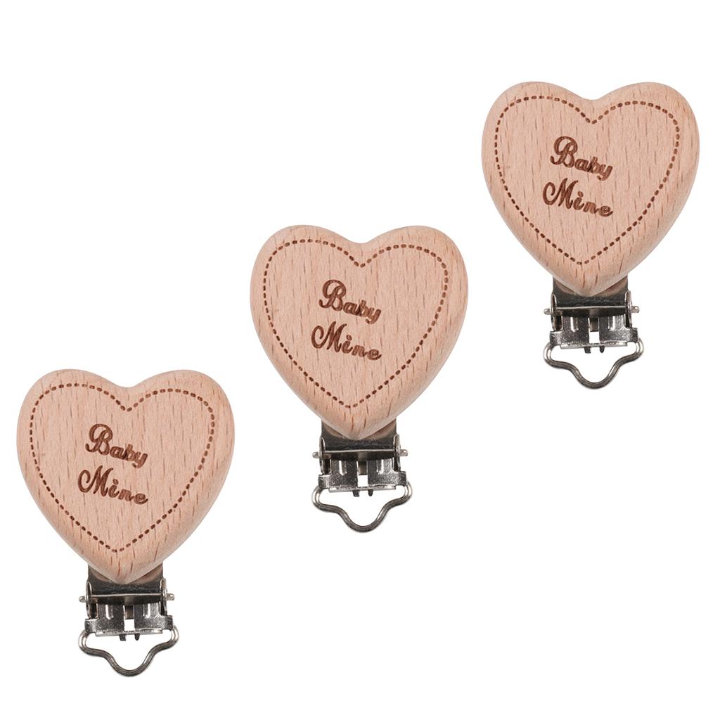 3 Pieces Baby Wooden Metal Pacifier Clips Soother Holder Heart 36x50mm