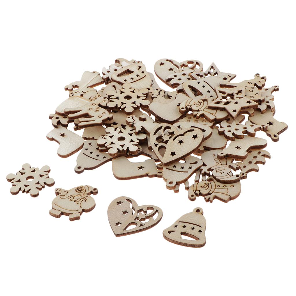 50x Unpainted Xmas Wooden Slices Pendants with Hole Christmas Tree Hanging