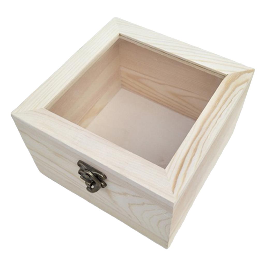 Natural Plain Wooden Box Unpainted Wood Storage Case Glass Lid  18x18x7cm