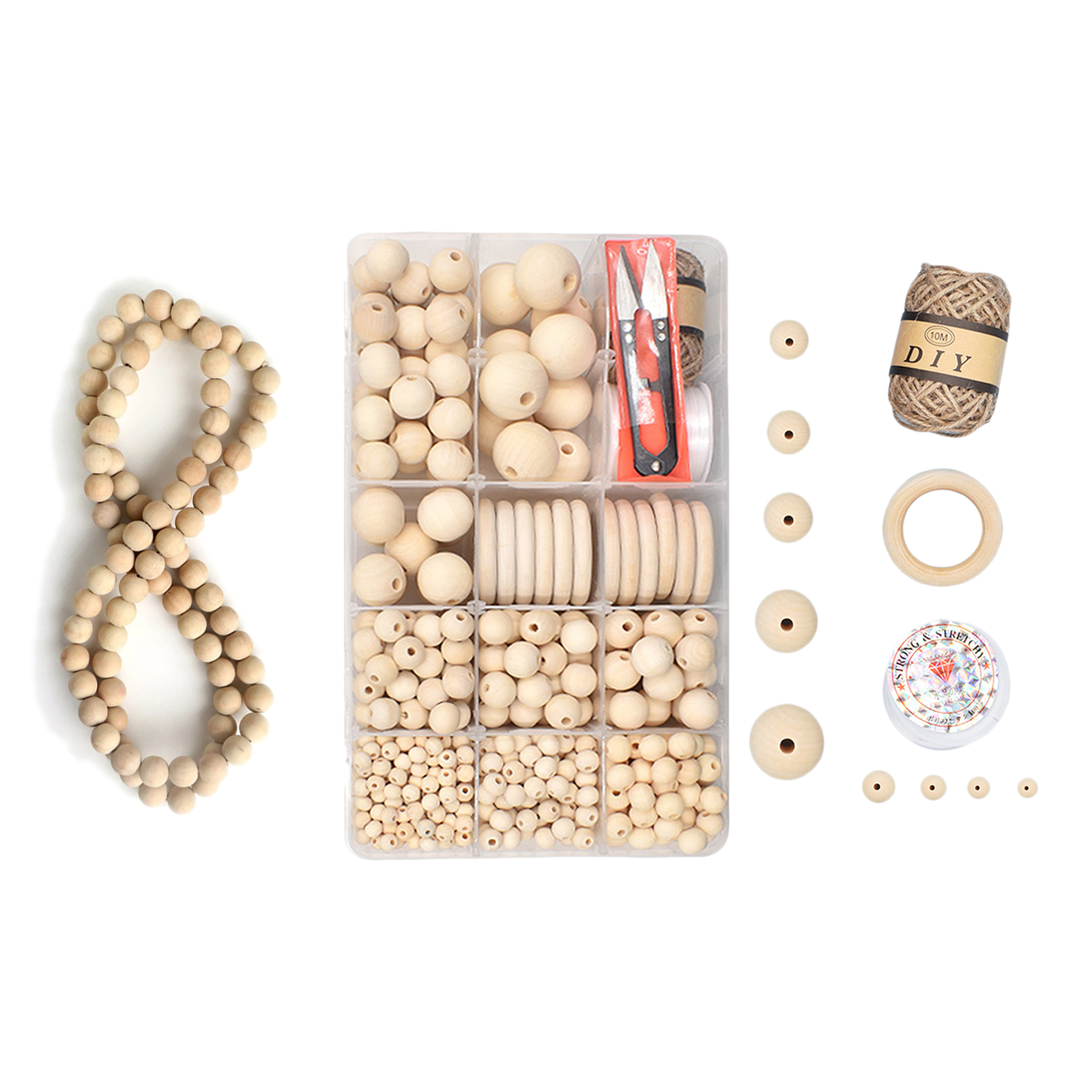732Pcs Unfinished Wood Beads Round Kit Craft Craft Making Hole Wooden DIY