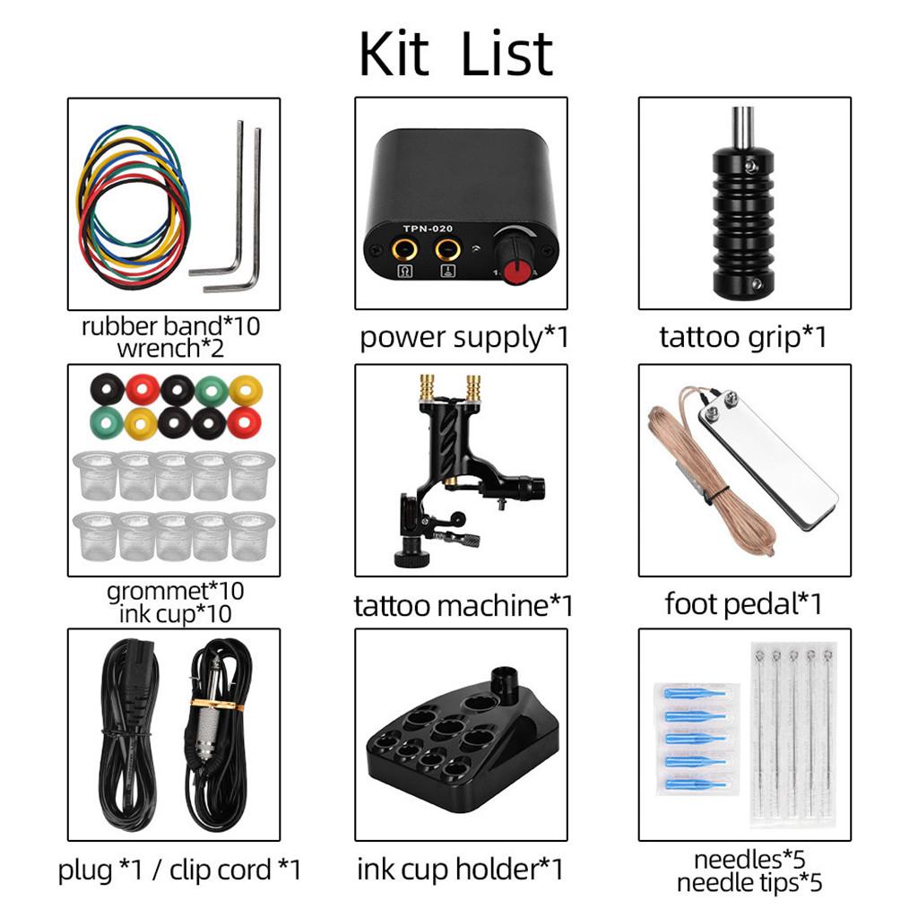 Powerful Rotary Tattoo Machine Grommet Grip Foot Pedal Needle Nozzles Black