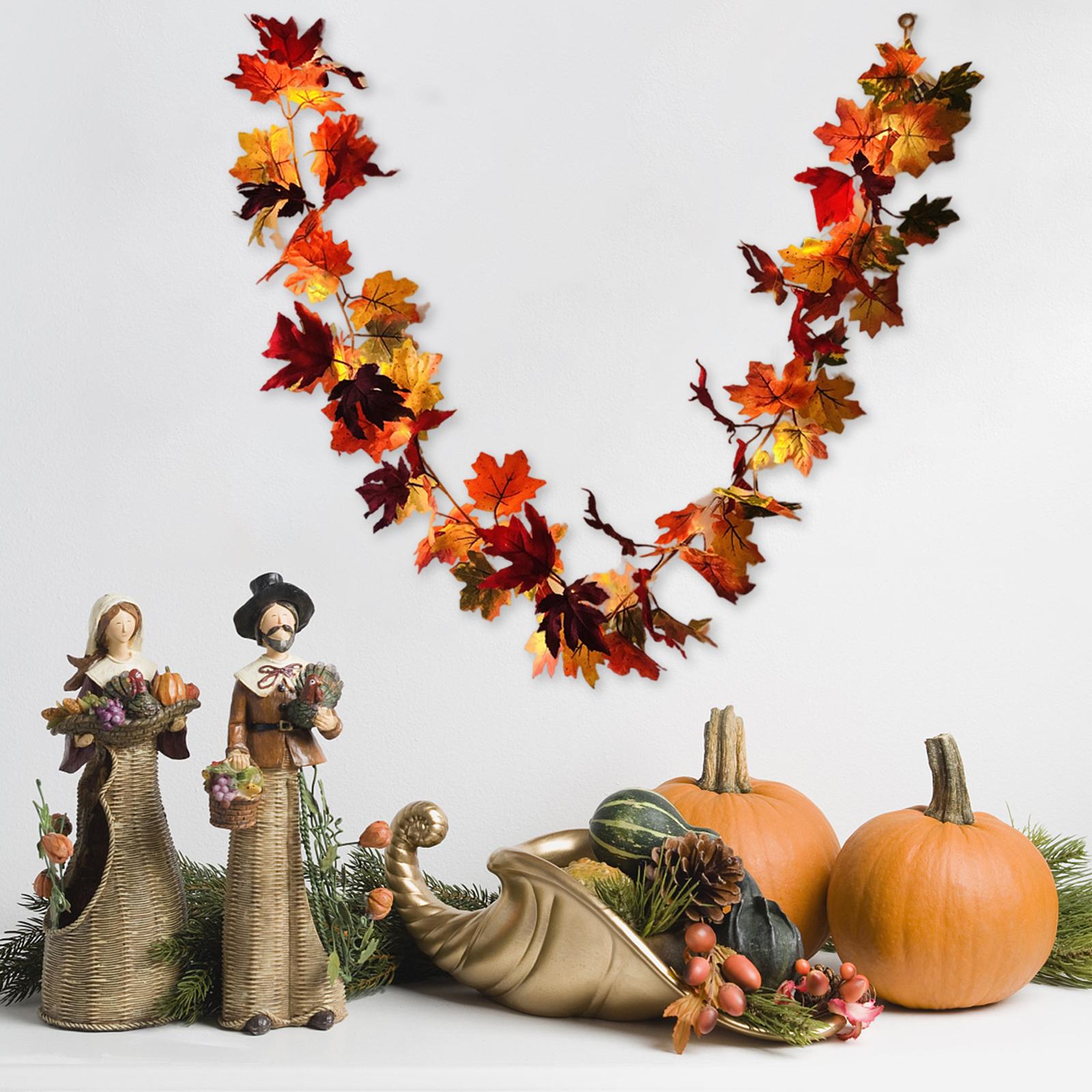 Artificial Autumn Maple Leaf Rattan Fall Garland Foliage Vine With LED