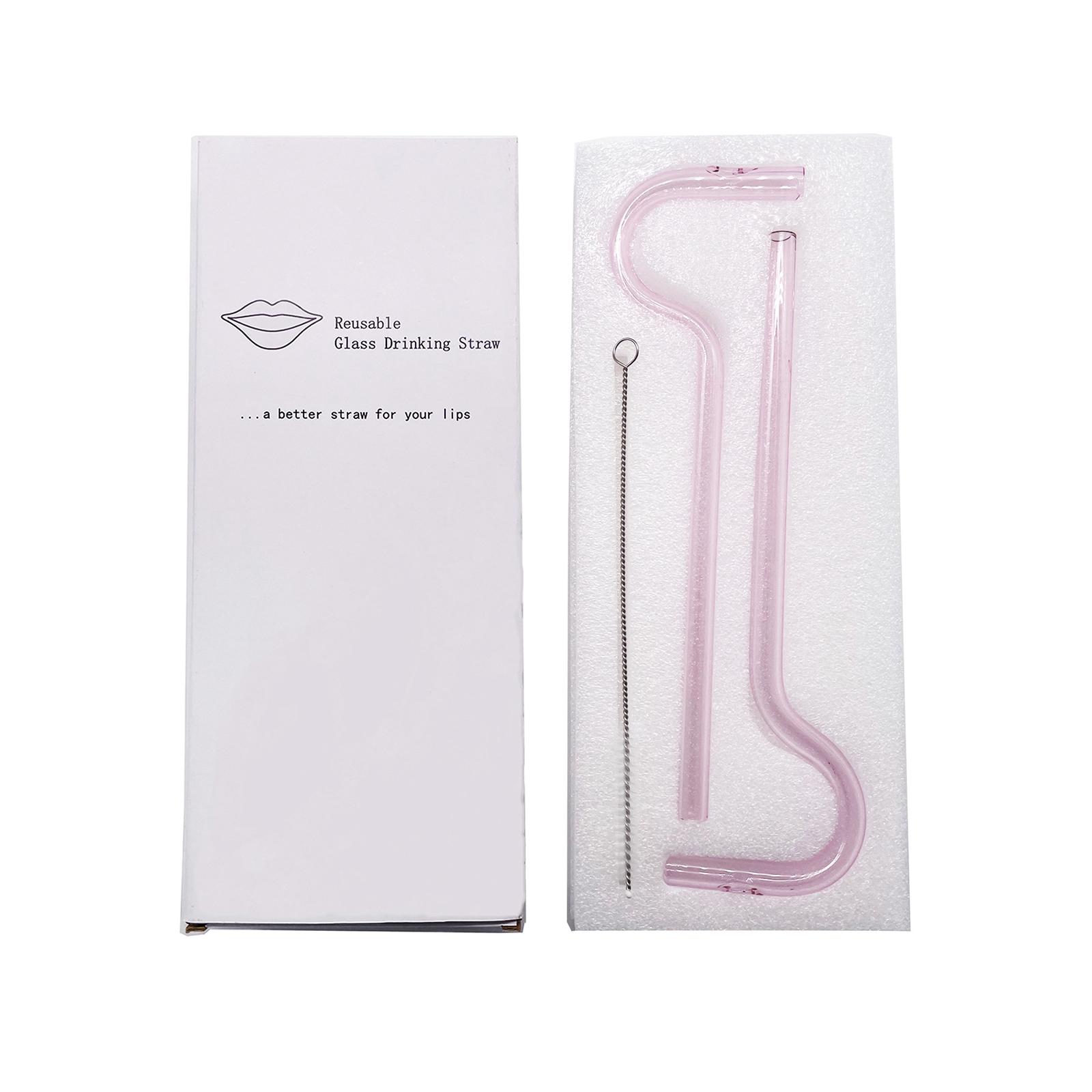 2Pcs Glass Straws with Design with Brush Pink Glass Drinking Straws Pipe