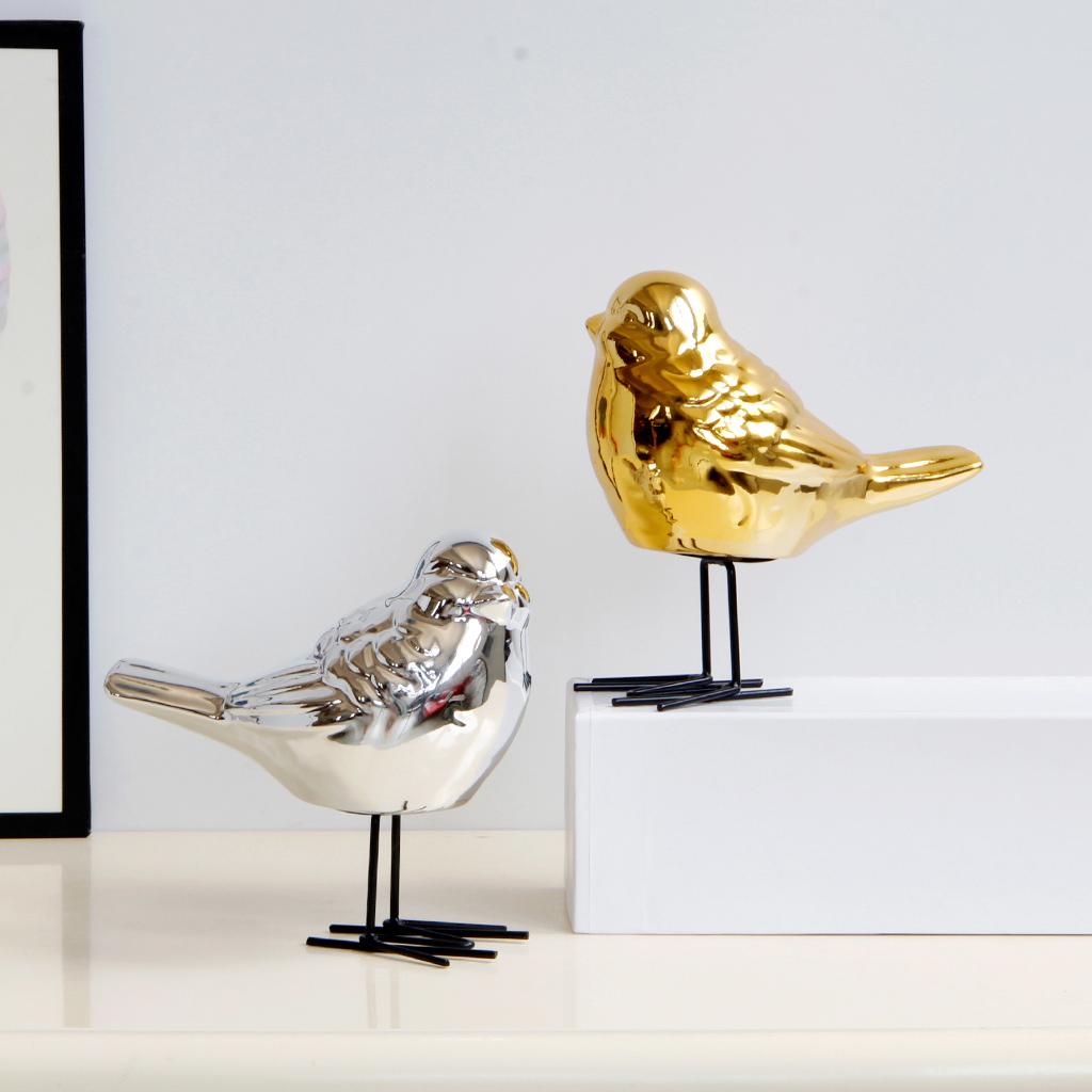 Ceramic Birds Shaped Animal Figurines Craft Desktop Ornaments Silver