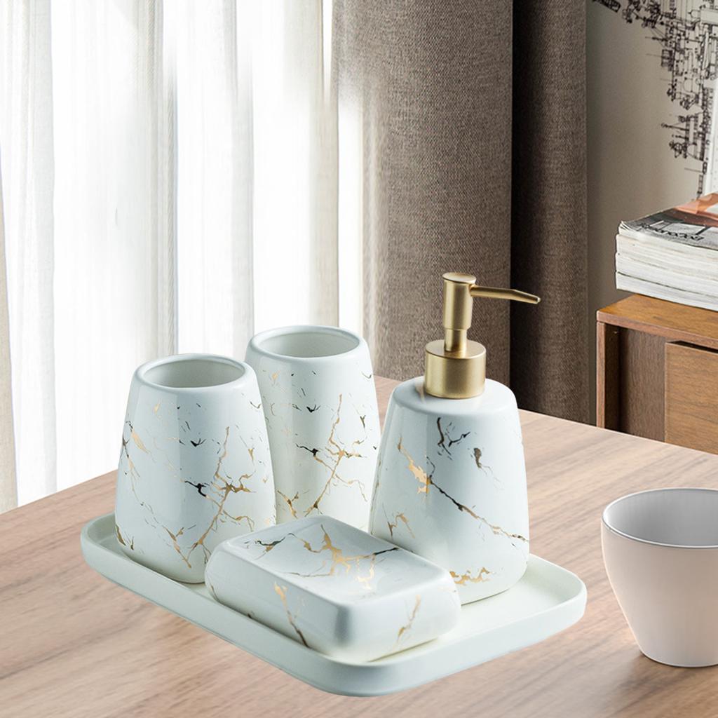 Bathroom Accessories Set CERAMIC Lotion Dispenser Tumbler Cup White 5Pcs