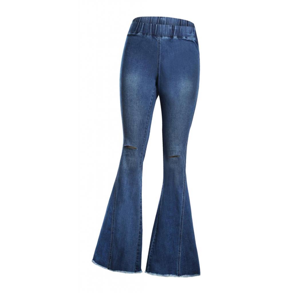 Womens Fashion Flare Bell Bottom Denim Jeans Elastic High-Waist Pants S ...