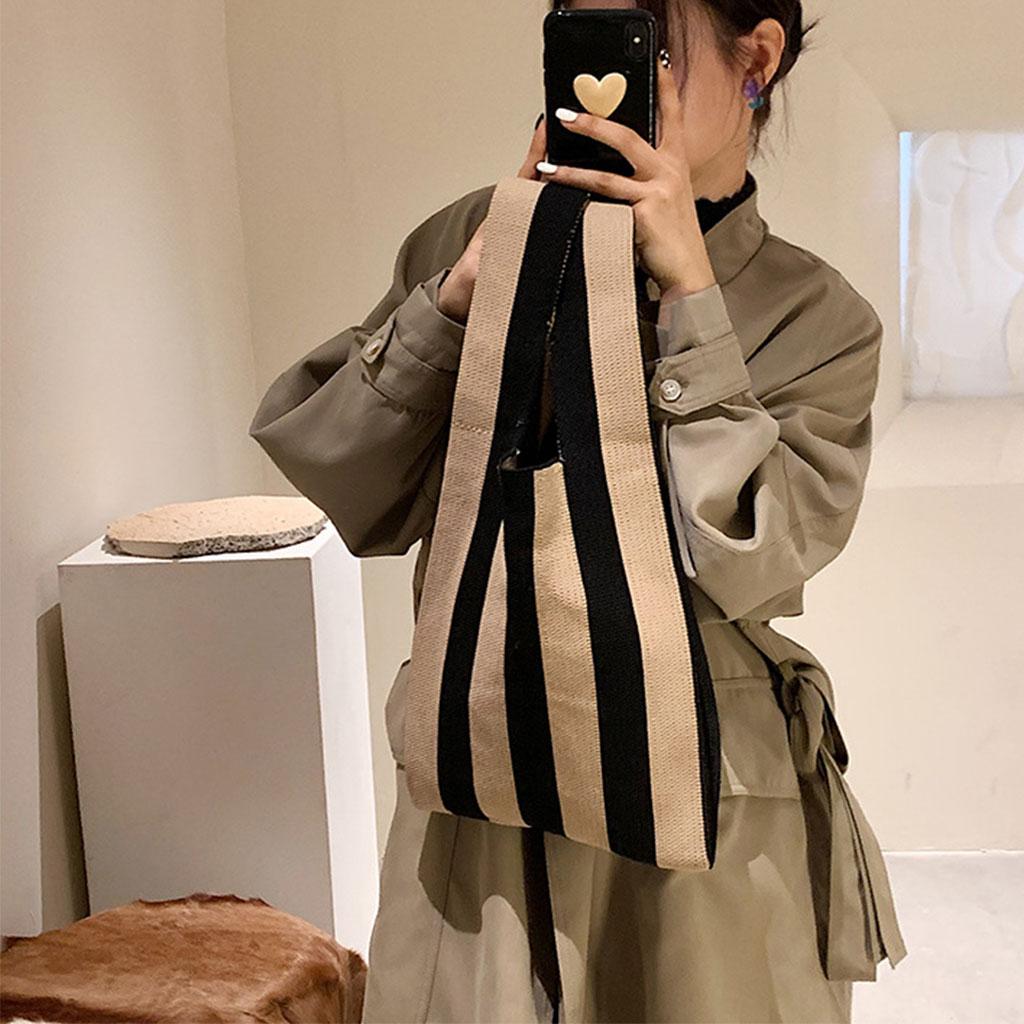 Stripe Pattern Lady Shoulder Bag Hand Bag Women Totes Black Khaki