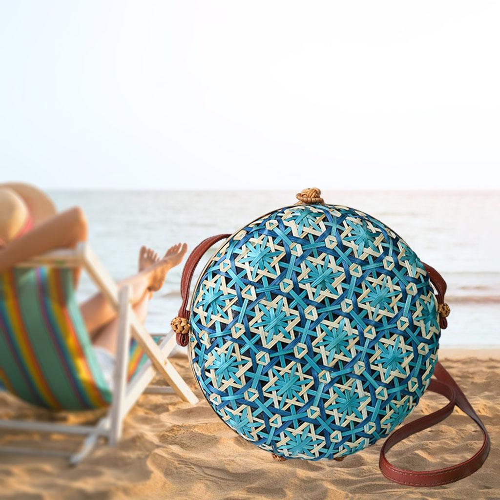 Crossbody Women Lady Round Bamboo Summer Woven Beach Shoulder Bag Blue