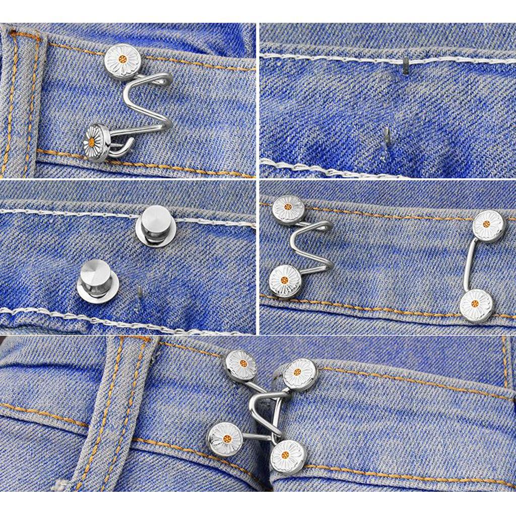 Set of 4 Waist Buckle Adjustable Snap Button Jeans Waist Detachable Silver
