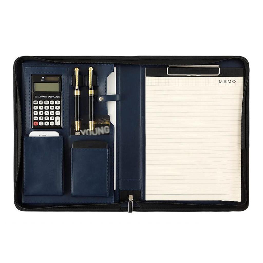 Zippered PU Leather Portfolio Organizer Business Document Folder Bag Blue F