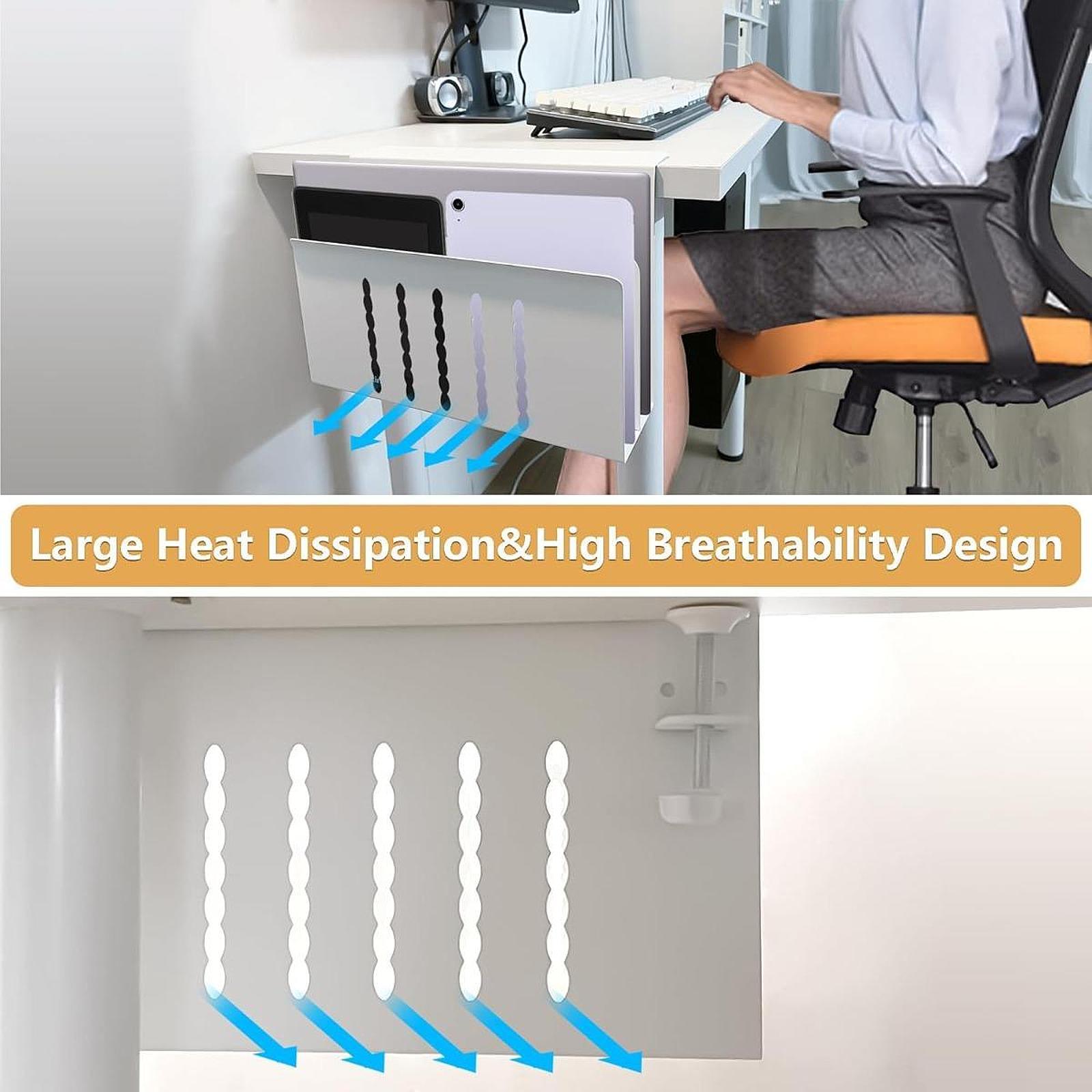 Desk Side Storage Organizer Laptop Mount White Easily Install Aluminum Alloy